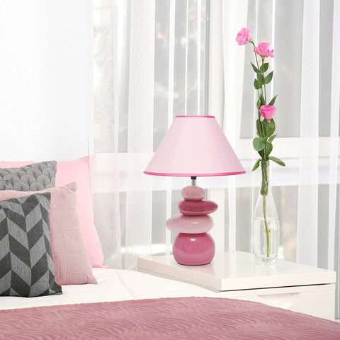 Shades Of Pink Ceramic Stacked Stone Table Lamp With Fabric Shade, 17.5 Inch Tall, on bedroom nightstand with decor
