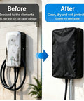 Before and after image showing No Sweat Heavy Duty EV Charger Cover Compatible With Lectron V Box Pro Nacs Plugs protecting charger from elements.