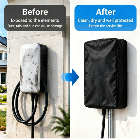 Before and after comparison of Beefy Weatherproof Cover For Electric Vehicle Charging Station Compatible With Lectron V Box 32a.