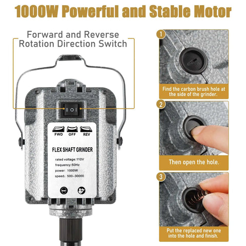 Close-up of Beefy 6.5mm Flex Shaft Rotary Tool 1000W 30000 RPM Workhorse for metalworking showing forward/reverse switch and motor.