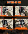 Step-by-step use of UIAA CE Certified Rope Ascender Aluminum Alloy Climbing Gear For Rappelling, showing handle open, fixing rope, closing handle, and connecting master lock.
