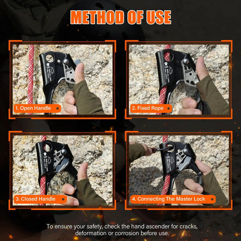 Step-by-step use of UIAA CE Certified Rope Ascender Aluminum Alloy Climbing Gear For Rappelling, showing handle open, fixing rope, closing handle, and connecting master lock.