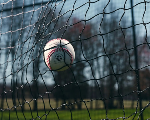 Baseball against 60-ply net of 40 Ft Baseball Softball Batting Cage With Black Steel Frame And 60 Ply Net, Perfect Backyard Practice Setup