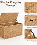 Handwoven Water Hyacinth Storage Trunk With Lid And Handles, rustic wicker storage chest, showcasing hinged lid and texture