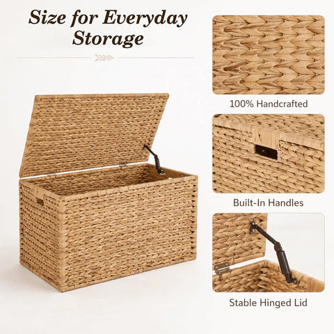 Handwoven Water Hyacinth Storage Trunk With Lid And Handles, rustic wicker storage chest, showcasing hinged lid and texture