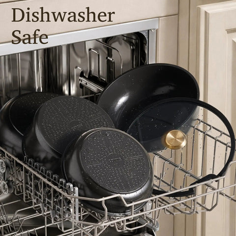15 Piece Ceramic Cookware Set With Detachable Handles, Nonstick Pots And Pans For Induction in dishwasher, black and gold