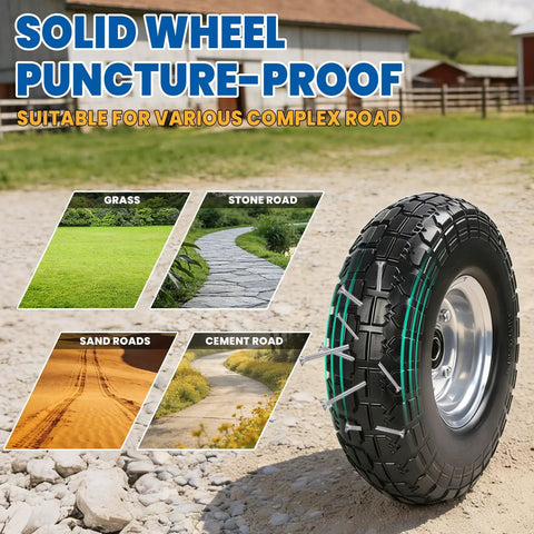 Flat Free 10 Inch Solid Replacement Tire Wheel For Gorilla Cart Hand Truck Garden Cart Yard Wagon Cart Heavy Duty Five Eighth Inch Axle Bore With Steel Bearings Non Rubber PU Wheel 2 Pack displayed on various terrains