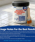 Heavy Duty Clear Waterproof Sealant 35 Ounce Slick Water Based Coating next to a paintbrush on wet tiles for home repairs.
