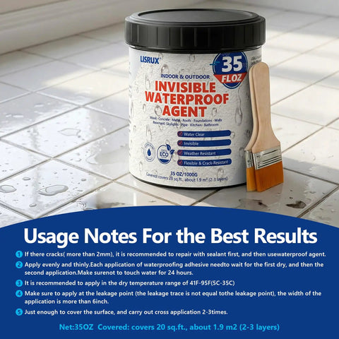 Heavy Duty Clear Waterproof Sealant 35 Ounce Slick Water Based Coating next to a paintbrush on wet tiles for home repairs.