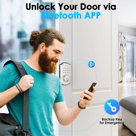 Man using phone to control Keyless Entry Smart Lock With Bluetooth App Control And Keypad on front door.