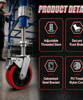 Close-up of Heavy Duty 4 Pack 6 Inch Adjustable Scaffolding Caster Wheels With Roll Lock Brakes and High Rotation Swivel Design.