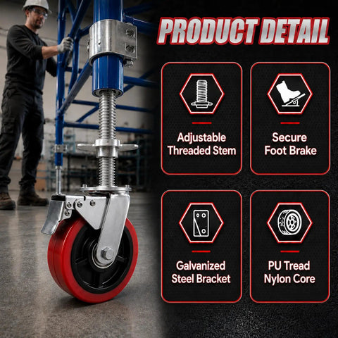 Close-up of Heavy Duty 4 Pack 6 Inch Adjustable Scaffolding Caster Wheels With Roll Lock Brakes and High Rotation Swivel Design.