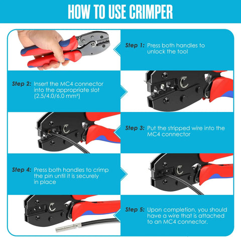 Instructional guide for using the crimper tool from Solar Wire Connectors Kit With Crimping Tool And Disconnect Tool 51 Piece PV Kit.