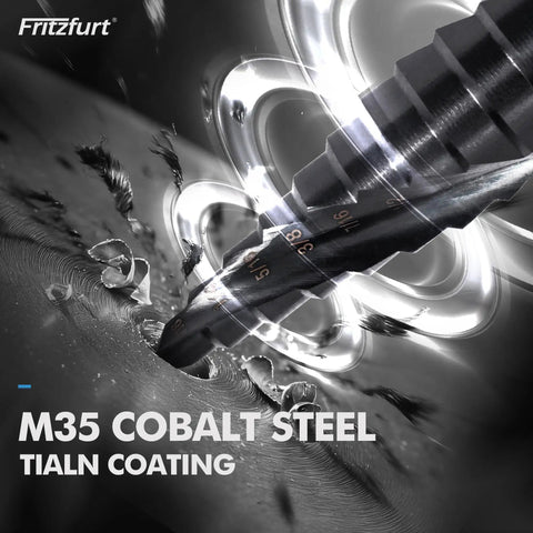 Pro Grade M35 Cobalt Step Drill Bit Set With CBN Ground And AlTiN Coating drilling into metal surface close-up