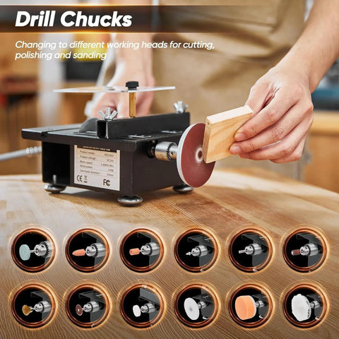Compact Mini Table Saw For Sharp Wood And Acrylic Cuts Portable Desktop Electric Craft Tool Quick Blade Swaps For PCB Boards Copper Pipes And Sheet Metal Knuckle Down With Precision Cuts with drill chuck attachments.