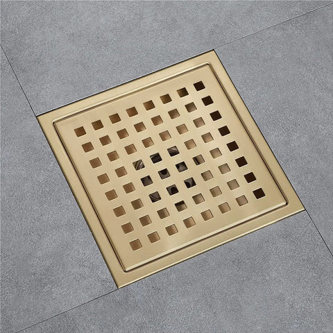 Top Shelf Six Inch Square Shower Floor Drain With Removable Grate And No Sweat Hair Catcher Rust Resistant Stainless Steel Bathroom Tile Drain Cover For Home Showers Matte Black Quick Flip on grey tile floor.