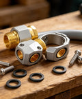 Upgrade Your Sprinkler Setup With This Solid Brass Garden Hose Repair Kit Featuring Two Sets Of Universal Connectors For 5/8 Inch And 3/4 Inch Tubes Plus Heavy Duty Male Female Mender Fittings To Fix Leaks Fast. brass hose repair kit, 5/8 and 3/4 inch connectors, with screws and washers