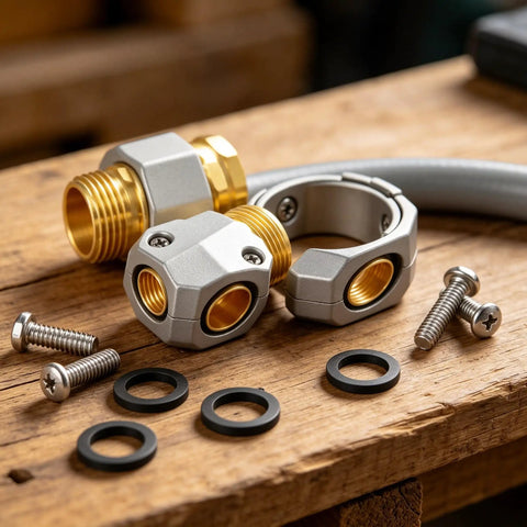 Upgrade Your Sprinkler Setup With This Solid Brass Garden Hose Repair Kit Featuring Two Sets Of Universal Connectors For 5/8 Inch And 3/4 Inch Tubes Plus Heavy Duty Male Female Mender Fittings To Fix Leaks Fast. brass hose repair kit, 5/8 and 3/4 inch connectors, with screws and washers