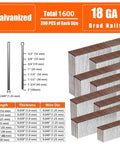 Badass Strong 18 Gauge Galvanized Brad Nails With Brown T Head Design And Hella Secure Hold For Precision Woodworking and Interior Trim Work Features Eight Reliable Lengths In A Hassle Free 1600 Piece Contractor Pack displayed in organized rows with detailed length specifications.
