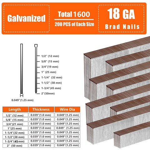 Badass Strong 18 Gauge Galvanized Brad Nails With Brown T Head Design And Hella Secure Hold For Precision Woodworking and Interior Trim Work Features Eight Reliable Lengths In A Hassle Free 1600 Piece Contractor Pack displayed in organized rows with detailed length specifications.
