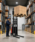 Rock Solid 1.6KW Motor Warehouse Pallet Stacker With 3300 Lbs Heavy Load Lift Capacity And 94 Inch Max Height in use lifting a pallet.