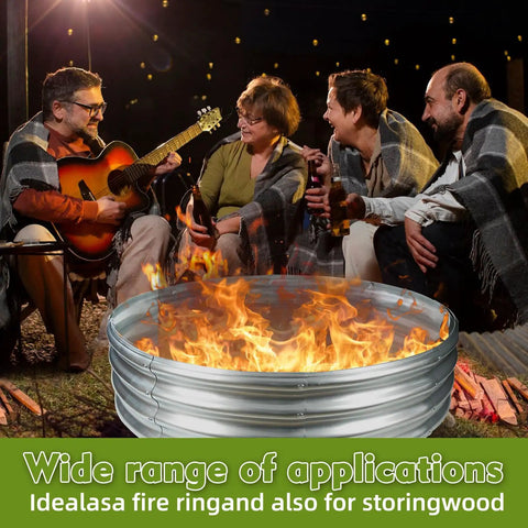 Four Foot Diameter Camp Fire Ring Pit Made From Galvanized Steel with people around a campfire, guitar playing outdoors