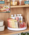 Smooth As Butter Three Bin Rotating Lazy Susan Turntable organizing snacks on a wooden shelf with clear containers.