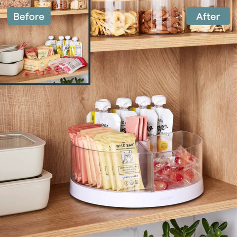 Smooth As Butter Three Bin Rotating Lazy Susan Turntable organizing snacks on a wooden shelf with clear containers.