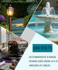 Collage showing underground wire splice kit for Romex 14/3 to 8/3 UF cables, garden lamp, fountain, and electrical equipment.