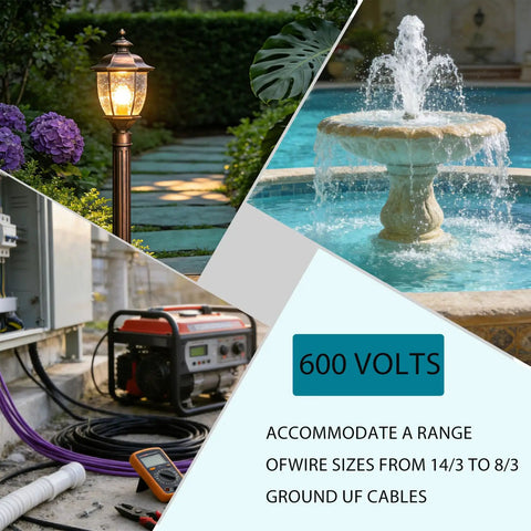 Collage showing underground wire splice kit for Romex 14/3 to 8/3 UF cables, garden lamp, fountain, and electrical equipment.