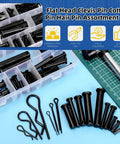 Flat head clevis pins set with cotter pins and R clips in 16 sizes, black finish, heavy duty hardware laid out on a table.