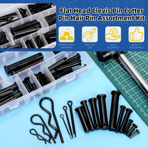 Flat head clevis pins set with cotter pins and R clips in 16 sizes, black finish, heavy duty hardware laid out on a table.
