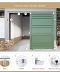 Heavy Duty 10 Foot Galvanized Outdoor Sliding Barn Door Hardware Kit With 450 Lb Capacity Exterior Track System Built For Weatherproof Outdoor Use Fits One Door Up To 60 Inches Wide Built Tough For Any Weather installed on an exterior garage with green door