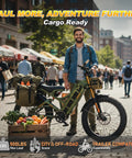King Of The Road Dual Motor Electric Bike For Adults With Blazing 4000W Peak Power And Massive 52V 70Ah Battery Delivering 200 Miles Of Range hitched to a cargo ready bike stand with green accessories and vegetables.