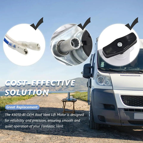 Composite image of K6010-81 OEM Roof Vent Lift Motor for RV Vent Fans Dometic Fan-Tastic with components and RV background