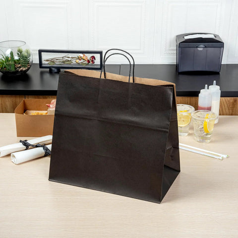 100 Pack Stand Open Paper Shopping Bags With Handles For Grab And Go Takeout And Retail Durable Kraft Paper Carrier Bags 14.17 X 8.26 X 13.19 Inches Easy Carry Totes For Gifts Groceries And Everyday Shop Runs displayed on table