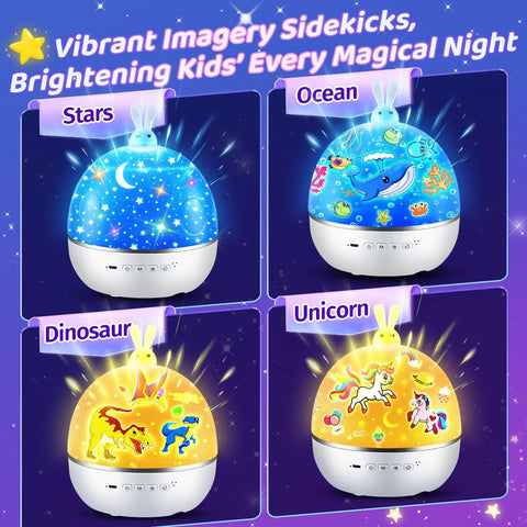 Dinosaur Story Projector And Bluetooth 5.0 Speaker For Kids Room displaying stars, ocean, dinosaur, and unicorn images