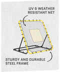Fielding Trainer For Baseball And Softball With Rebound Net, Grounders, Line Drives And Fly Balls Return Settings, Four By Four Point Five Foot Steel Frame, UV And Weather Resistant Net, Easy Fold Design For Serious Pro Grade Infield Practice with visible steel frame and net.