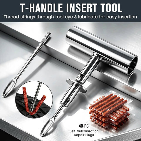 T-Handle Insert Tool from Heavy Duty 70 Piece Tubeless Tire Repair Kit with rubber plugs, designed for easy tire repair.