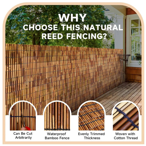 Natural Reed Fencing Roll For Balcony Patio Garden And Yard Privacy Screen Sixteen Point Four Feet Long Brown Eco Friendly Durable Easy To Install For Outdoor Use, installed on deck