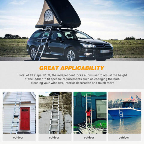 12.5-Foot Telescoping Aluminum Ladder, EN131 Certified, shown in various outdoor uses like car rooftop and house maintenance