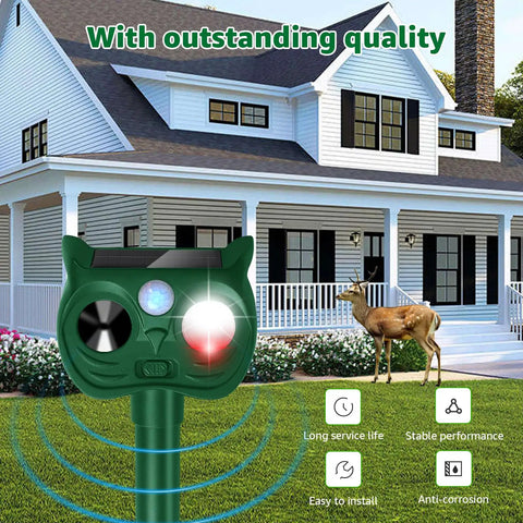 Solar Powered Ultrasonic Animal Repellent With Outdoor Motion Sensor For Squirrels And Deer Yard Guard PIR Detection Up To 30 Feet 120 Degree Coverage Inaudible To Humans With LED Strobe, green stake in lawn