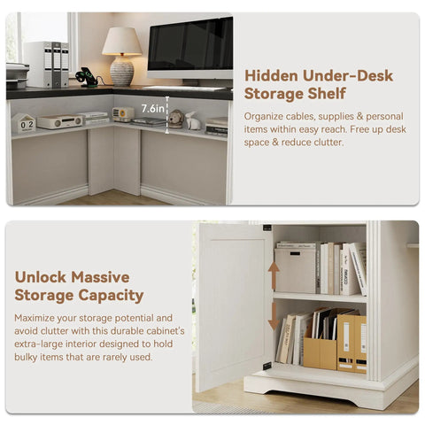 L Shaped Executive Desk With Four Drawers And Charging Station showcasing hidden under-desk shelf and file cabinet storage