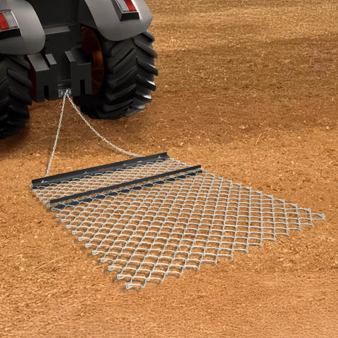 Heavy Duty Drag Harrow 4x5 Ft Chain Harrow Built Tough For Landscape Leveling And Sod Prep, attached to UTV on dirt.
