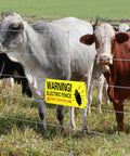 Reflective Aluminum Electric Fence Warning Signs, 8 Pack, 10 By 4 Inches, Weatherproof Outdoor Safety Signs For Farm And Home, UV Gloss Finish For Maximum Visibility And Durability on fence with cattle