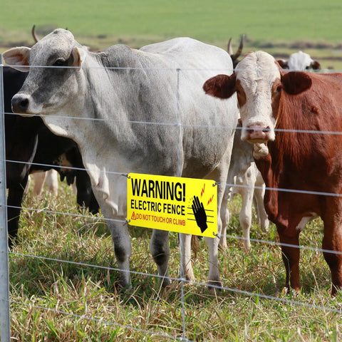 Reflective Aluminum Electric Fence Warning Signs, 8 Pack, 10 By 4 Inches, Weatherproof Outdoor Safety Signs For Farm And Home, UV Gloss Finish For Maximum Visibility And Durability on fence with cattle