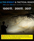 Handy 1500 Lumen Tactical LED Flashlight lighting up rocky terrain with 200m beam. Heat warning displayed on image.