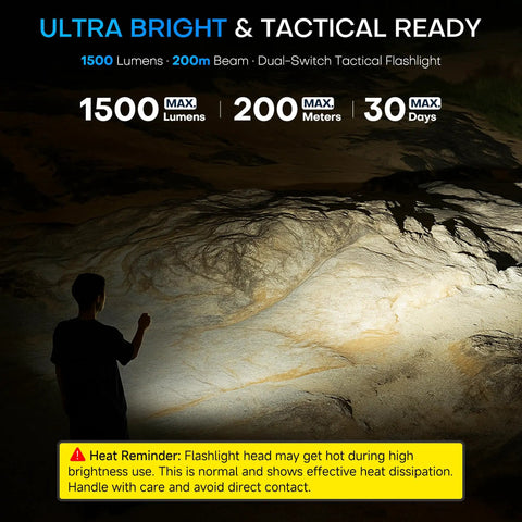 Handy 1500 Lumen Tactical LED Flashlight lighting up rocky terrain with 200m beam. Heat warning displayed on image.