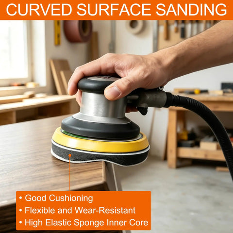 Man using 120 Piece 5 Inch 8 Hole Sanding Discs Kit With Interface Pad Wet Dry Sandpaper Set for sanding curved wood surface