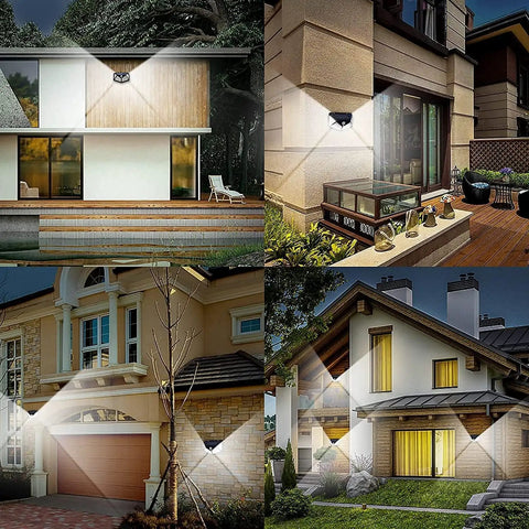 Collage showing Six Pack Solar Motion Lights Outdoor With 100 LED Beads, 270 Degree Coverage installed on various house exteriors.
